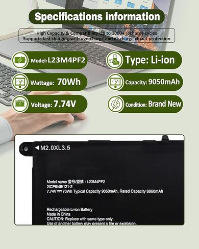 بطارية 70Wh L23M4PF2 L23M4PF2 L23C4PF2 لجهاز Lenovo Yoga Slim 7 14Q8X9 (النوع 83ED) - رقم الأجزاء SB11N42052 5B11N42051 SB11N42050 5B11N42049 - 7.74 فولت 9050 مللي أمبير في الساعة استبدال 4 خلايا in Kuwait