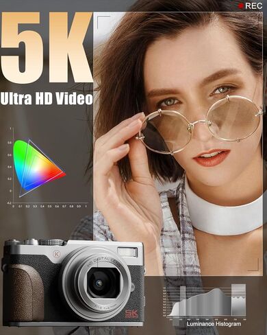 NBD 5K Vlogging Cameras ضبط تلقائي للصورة، كاميرات رقمية 64 ميجابكسل للتصوير الفوتوغرافي، كاميرا سفر تكبير 18X مع مقاومة للاهتزاز، بطاريتين، بطاقة TF سعة 64 جيجابايت (فضي) in Kuwait