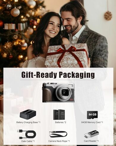 NBD 5K Vlogging Cameras ضبط تلقائي للصورة، كاميرات رقمية 64 ميجابكسل للتصوير الفوتوغرافي، كاميرا سفر تكبير 18X مع مقاومة للاهتزاز، بطاريتين، بطاقة TF سعة 64 جيجابايت (فضي) in Kuwait