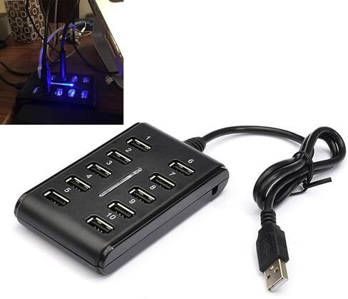 موزع USB 2.0 ذو 10 منافذ - يعمل بالطاقة، ومحمول بمظهر عصري، ومناسب للاستخدام المنزلي، ومنفذ USB صغير يمكن توفير المساحة (أسود) in Kuwait