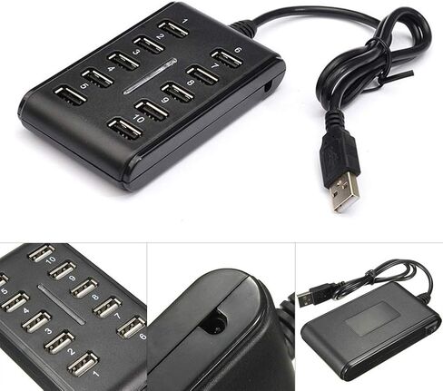 موزع USB 2.0 ذو 10 منافذ - يعمل بالطاقة، ومحمول بمظهر عصري، ومناسب للاستخدام المنزلي، ومنفذ USB صغير يمكن توفير المساحة (أسود) in Kuwait