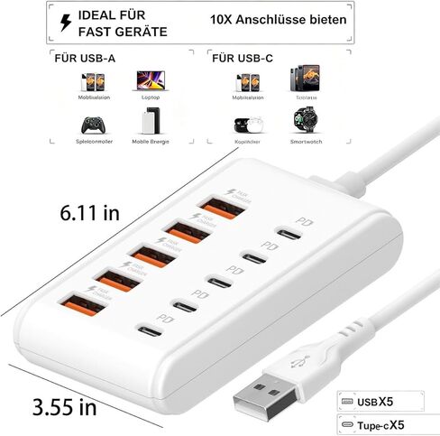 محول طاقة USB C Hub من واحد إلى عشرة محول طاقة 5xusb+5xtype-C 66 وات ملحقات الكمبيوتر المحمول USB C Splitter لأجهزة MacBook Pro وMacBook Air والهواتف الذكية من Dell والمزيد، بدون حزمة in Kuwait