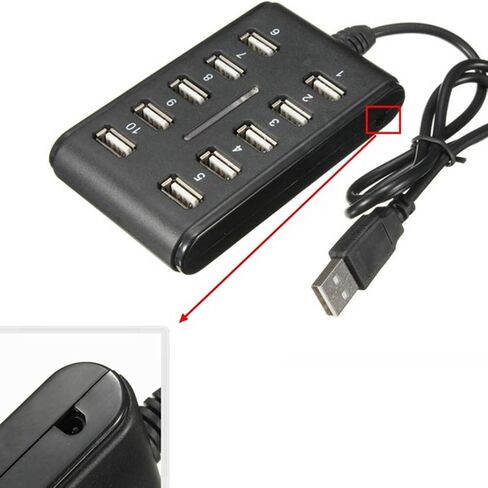 موزع USB 2.0 ذو 10 منافذ - يعمل بالطاقة، ومحمول بمظهر عصري، ومناسب للاستخدام المنزلي، ومنفذ USB صغير يمكن توفير المساحة (أسود) in Kuwait