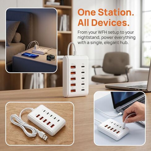 محول طاقة USB C Hub من واحد إلى عشرة محول طاقة 5xusb+5xtype-C 66 وات ملحقات الكمبيوتر المحمول USB C Splitter لأجهزة MacBook Pro وMacBook Air والهواتف الذكية من Dell والمزيد، بدون حزمة in Kuwait