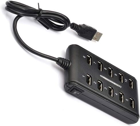 موزع USB 2.0 ذو 10 منافذ - يعمل بالطاقة، ومحمول بمظهر عصري، ومناسب للاستخدام المنزلي، ومنفذ USB صغير يمكن توفير المساحة (أسود) in Kuwait