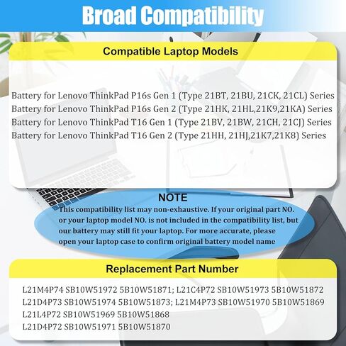 استبدال بطارية L21M4P74 L21C4P72 لجهاز Lenovo ThinkPad T16 Gen 1 ThinkPad T16 Gen 2 ThinkPad P16s Gen 1 Gen 2 Series بطارية كمبيوتر محمول L21D4P73 L21M4P73 L21D4P72 L21L4P72 86Wh in Kuwait