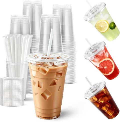 100-Pack 16 oz Cups with Lids and Straws, Disposable Plastic Cups with Lids - BPA-free, Perfect for Iced Coffee, Frappes, Milkshakes & Juice, Ideal for Home, Office & Parties in Saudi Arabia