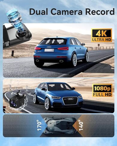 4K Rear View Mirror Camera with Carplay&Android Auto,12" Mirror Dash Cam Front and Rear with Voice Control for Cars&Trucks,Smart Touch Screen,64GB Card Included/Loop Record/Reverse Assist in Saudi Arabia
