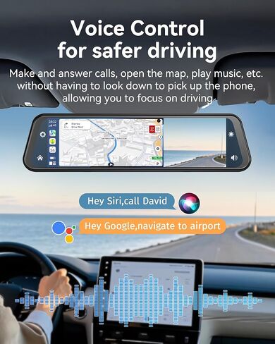 4K Rear View Mirror Camera with Carplay&Android Auto,12" Mirror Dash Cam Front and Rear with Voice Control for Cars&Trucks,Smart Touch Screen,64GB Card Included/Loop Record/Reverse Assist in Saudi Arabia