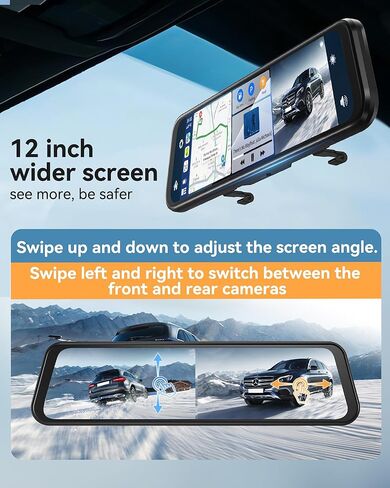 4K Rear View Mirror Camera with Carplay&Android Auto,12" Mirror Dash Cam Front and Rear with Voice Control for Cars&Trucks,Smart Touch Screen,64GB Card Included/Loop Record/Reverse Assist in Saudi Arabia