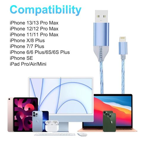 Blue Light Up Cool Flowing LED Breathing USB A to Lightning Car Glowing Charge Cable for iPhone,RGB Glowing Cord for Apple iPhone 14/13/12/11 Pro Max/XR/XS/SE,iPad-6FT (MFi Certified) in Kuwait