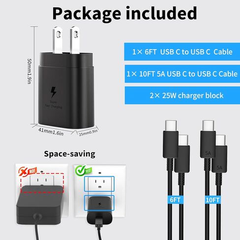 Super Fast Charger Type C, 2 Pack USB C Charger Blocks with 10FT+6FT USB C to C Charger Cord, Support PPS PD3.0, Compatible with Galaxy S25 Ultra/S24+/S23/S22, Phone 17 Pro Max/16 Pro/15 Plus/Air,etc in Kuwait