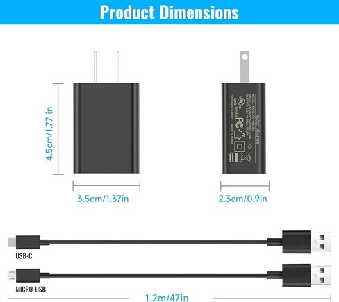 محول طاقة 5 فولت 2 أمبير، كتلة شاحن DC 5 فولت 2 أمبير 1 أمبير، مع كابلات USB إلى النوع C وUSB إلى Micro USB، متوافق مع جهاز Kindle Fire Tablet، وهواتف Android، وسماعات الرأس، ومكبرات الصوت، والكاميرا وما إلى ذلك. in Kuwait