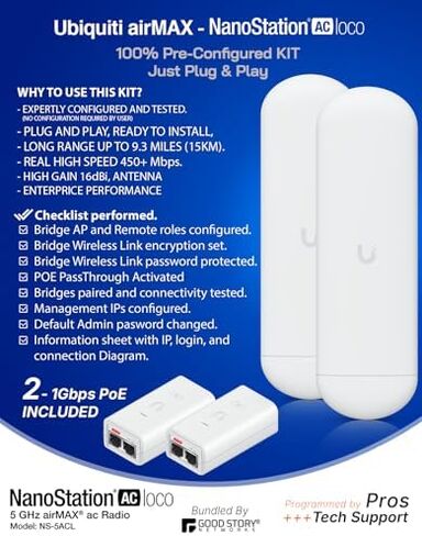 جسر لاسلكي Ubiquiti NS-5AC تم تكوينه مسبقًا، مجموعة من 2 Nanostation NS5AC مع أقطاب J، جسر واي فاي خارجي من نقطة إلى نقطة، التوصيل والتشغيل، 5 جيجا هرتز، 450+Mbps، نطاق ارتباط 15+كم، جسر الشبكة in Kuwait