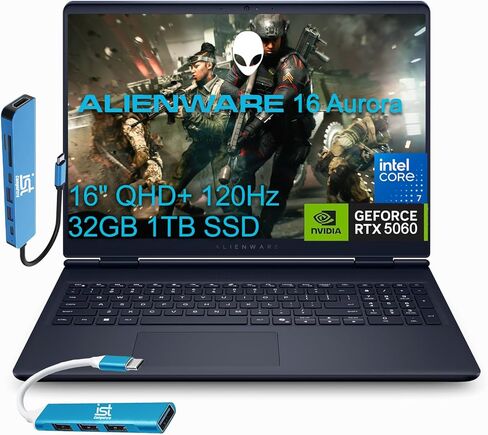 كمبيوتر محمول Alienware 16 Aurora للألعاب (16 بوصة QHD+ 120 هرتز، Intel 10-Core 7 240H (> i7-13620H)، ذاكرة DDR5 سعة 32 جيجابايت، SSD 1 تيرابايت، NVIDIA GeForce RTX 5060 8 جيجابايت)، لوحة مفاتيح بإضاءة خلفية، Wi-Fi 7، إيثرنت، محور USB، Win 11 Home in Kuwait