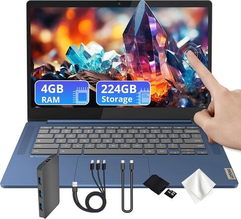 Lenovo IdeaPad Slim 3 14 بوصة FHD لمس Chromebook، MediaTek Kompanio 520، ذاكرة الوصول العشوائي LPDDR4X سعة 4 جيجابايت، تخزين 224 جيجابايت (64 جيجابايت eMMC ومجموعة قاعدة إرساء 160 جيجابايت)، WiFi 6، كاميرا ويب، نظام تشغيل Chrome، Abyss Blue in Kuwait