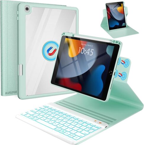 حافظة لوحة المفاتيح BLUTLOTUS لجهاز iPad الجيل السابع/الثامن/التاسع 10.2 بوصة 2019/2020/2021، حافظة لوحة مفاتيح مغناطيسية قابلة للدوران 360 درجة مع أخدود حامل القلم الرصاص، لوحة مفاتيح لاسلكية قابلة للفصل بإضاءة خلفية 7 ألوان (أخضر) in Kuwait