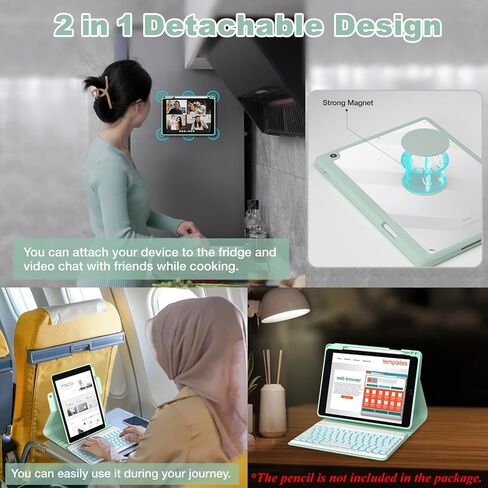 حافظة لوحة المفاتيح BLUTLOTUS لجهاز iPad الجيل السابع/الثامن/التاسع 10.2 بوصة 2019/2020/2021، حافظة لوحة مفاتيح مغناطيسية قابلة للدوران 360 درجة مع أخدود حامل القلم الرصاص، لوحة مفاتيح لاسلكية قابلة للفصل بإضاءة خلفية 7 ألوان (أخضر) in Kuwait