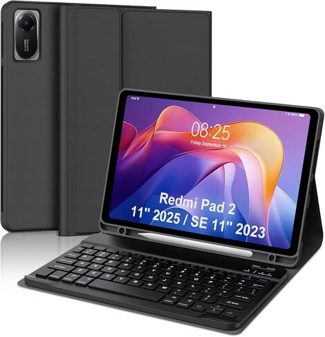 حافظة لوحة المفاتيح لجهاز Xiaomi Redmi Pad 2 11 بوصة 2025 & Redmi Pad SE 11 بوصة 2023 مع لوحة مفاتيح، غطاء لوحة مفاتيح لاسلكية قابلة للفصل مع فتحة قلم لجهاز Mi Pad2 11 بوصة 2025، عمر بطارية طويل، أسود in Kuwait
