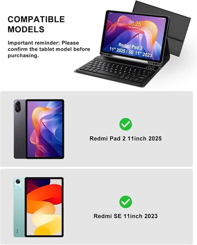 حافظة لوحة المفاتيح لجهاز Xiaomi Redmi Pad 2 11 بوصة 2025 & Redmi Pad SE 11 بوصة 2023 مع لوحة مفاتيح، غطاء لوحة مفاتيح لاسلكية قابلة للفصل مع فتحة قلم لجهاز Mi Pad2 11 بوصة 2025، عمر بطارية طويل، أسود in Kuwait