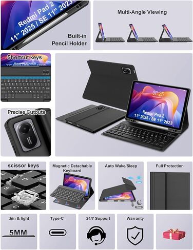 حافظة لوحة المفاتيح لجهاز Xiaomi Redmi Pad 2 11 بوصة 2025 & Redmi Pad SE 11 بوصة 2023 مع لوحة مفاتيح، غطاء لوحة مفاتيح لاسلكية قابلة للفصل مع فتحة قلم لجهاز Mi Pad2 11 بوصة 2025، عمر بطارية طويل، أسود in Kuwait