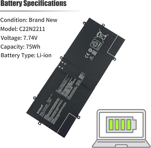 بطارية كمبيوتر محمول 75Wh C22N2211 متوافقة مع Asus Zenbook 14 Q415MA-U5512 Q425MA-U71TB OLED UX3405CA-U7512 UX3405MA-PH77 UX3405ZA UX3405VA Series Notebook [7.74V 9702mAh 4-Cell] in Kuwait