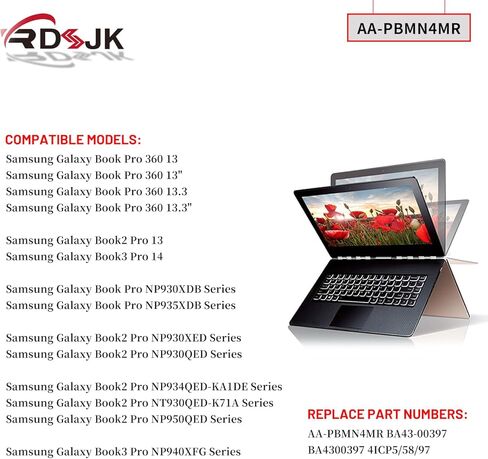 AA-PBMN4MR Laptop Battery for Samsung Galaxy Book Pro 360 NP930XDB NP935XDB NP930XED NP930QDB NP930QED NP950QED NP934QED-KA1DE NT930QED-K71A NP940XFG NP930XDB-KD1US NP935XDB-KC2DE Series 15.44V 62.1Wh in Kuwait