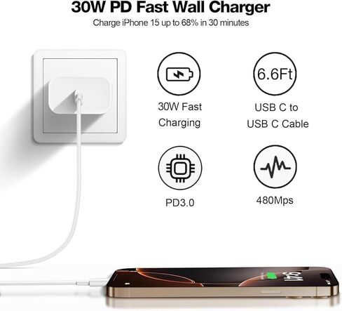 30W USB C Fast GaN Charger for Google Pixel 10 Pro Fold/9 Pro XL/8 Pro/8/8a/7 Pro/7a/6/5/4 XL,30W Watt Type C Adapter PD 3.0/PPS Wall Plug Charging Rapidly Block with 6.6FT C to C Cable in Kuwait