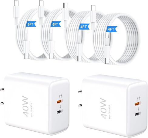 40W Dual-Port USB-C Fast Charger Bundle (Includes 4-Foot and 6-Foot Cables), High-Power Rapid Charger for iPhone 17/16/15 Pro Max, iPad, and Samsung Devices in Kuwait