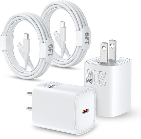 شاحن USB C سريع الشحن مكون من قطعتين محول شحن PD بقدرة 20 وات مع كابل USB C إلى C بطول 6 أقدام متوافق مع iPhone 17 16 15 Pro Max Plus Air وiPad Pro، أبيض in Kuwait
