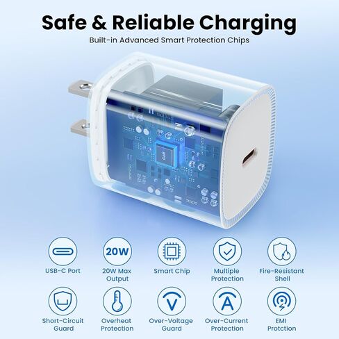 شاحن USB C سريع الشحن مكون من قطعتين محول شحن PD بقدرة 20 وات مع كابل USB C إلى C بطول 6 أقدام متوافق مع iPhone 17 16 15 Pro Max Plus Air وiPad Pro، أبيض in Kuwait