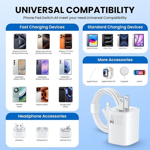 شاحن USB C سريع الشحن مكون من قطعتين محول شحن PD بقدرة 20 وات مع كابل USB C إلى C بطول 6 أقدام متوافق مع iPhone 17 16 15 Pro Max Plus Air وiPad Pro، أبيض in Kuwait
