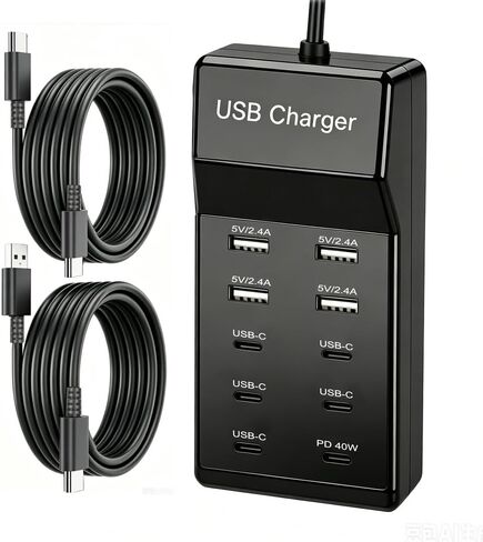 محطة شاحن حائط USB بـ 10 منافذ مع كابلات، محور طاقة USB C بقدرة 50 وات 10 أمبير لأجهزة متعددة، كتلة شاحن هاتف لهاتف Samsung Galaxy S25 S24+ S23+ Ultra، Google Pixel، iPhone، Tablet، Earbuds Smartwatch (أسود) in Kuwait