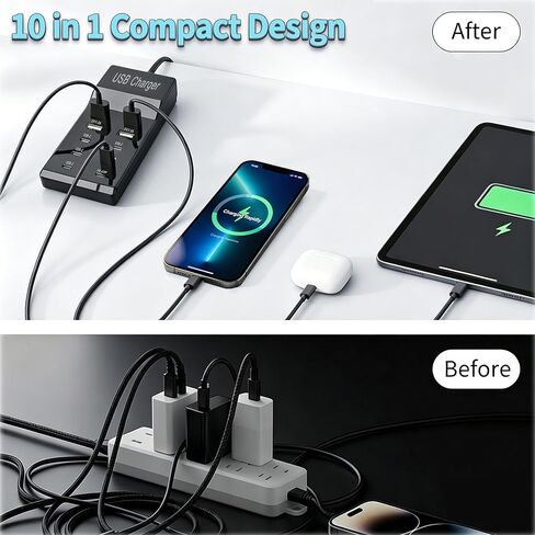 محطة شاحن حائط USB بـ 10 منافذ مع كابلات، محور طاقة USB C بقدرة 50 وات 10 أمبير لأجهزة متعددة، كتلة شاحن هاتف لهاتف Samsung Galaxy S25 S24+ S23+ Ultra، Google Pixel، iPhone، Tablet، Earbuds Smartwatch (أسود) in Kuwait