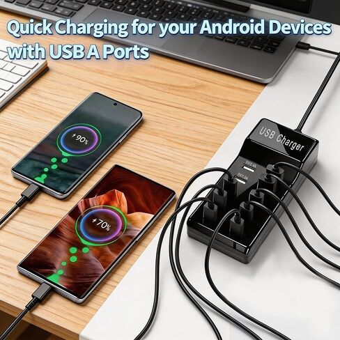 محطة شاحن حائط USB بـ 10 منافذ مع كابلات، محور طاقة USB C بقدرة 50 وات 10 أمبير لأجهزة متعددة، كتلة شاحن هاتف لهاتف Samsung Galaxy S25 S24+ S23+ Ultra، Google Pixel، iPhone، Tablet، Earbuds Smartwatch (أسود) in Kuwait