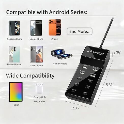 محطة شاحن حائط USB بـ 10 منافذ مع كابلات، محور طاقة USB C بقدرة 50 وات 10 أمبير لأجهزة متعددة، كتلة شاحن هاتف لهاتف Samsung Galaxy S25 S24+ S23+ Ultra، Google Pixel، iPhone، Tablet، Earbuds Smartwatch (أسود) in Kuwait