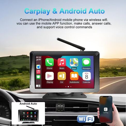 شاشة عرض ستيريو تلقائية 7 بوصة Carplay Android مشغل وسائط متعددة، كاميرا بلوتوث لاسلكية احتياطية للطاقة الشمسية للرؤية الخلفية للسيارة، السيدان، سيارات الدفع الرباعي، مع حامل إطار لوحة رقم الترخيص، in Kuwait
