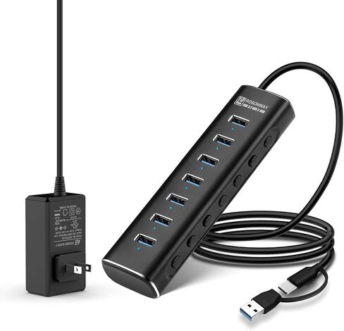 موزع USB مدعوم، Rosonway 7 منافذ USB 3.1/3.2 Gen 2 Hub 10 جيجابت في الثانية مع كابل بيانات USB-A/USB-C بطول 3.3 قدم، ومفاتيح فردية ومحول طاقة 24 وات، محور USB C من الألومنيوم لأجهزة الكمبيوتر المحمول والكمبيوتر الشخصي، RSH-A107 in Kuwait