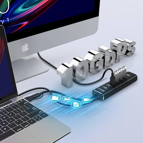موزع USB مدعوم، Rosonway 7 منافذ USB 3.1/3.2 Gen 2 Hub 10 جيجابت في الثانية مع كابل بيانات USB-A/USB-C بطول 3.3 قدم، ومفاتيح فردية ومحول طاقة 24 وات، محور USB C من الألومنيوم لأجهزة الكمبيوتر المحمول والكمبيوتر الشخصي، RSH-A107 in Kuwait