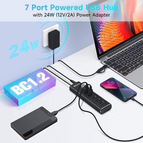 موزع USB مدعوم، Rosonway 7 منافذ USB 3.1/3.2 Gen 2 Hub 10 جيجابت في الثانية مع كابل بيانات USB-A/USB-C بطول 3.3 قدم، ومفاتيح فردية ومحول طاقة 24 وات، محور USB C من الألومنيوم لأجهزة الكمبيوتر المحمول والكمبيوتر الشخصي، RSH-A107 in Kuwait