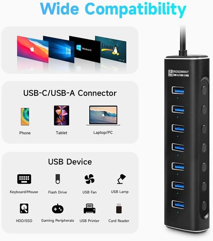 موزع USB مدعوم، Rosonway 7 منافذ USB 3.1/3.2 Gen 2 Hub 10 جيجابت في الثانية مع كابل بيانات USB-A/USB-C بطول 3.3 قدم، ومفاتيح فردية ومحول طاقة 24 وات، محور USB C من الألومنيوم لأجهزة الكمبيوتر المحمول والكمبيوتر الشخصي، RSH-A107 in Kuwait