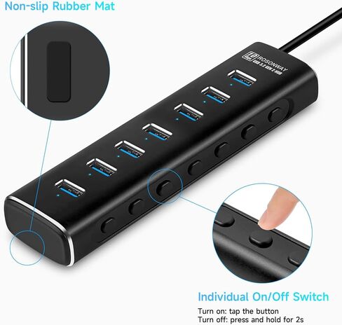 موزع USB مدعوم، Rosonway 7 منافذ USB 3.1/3.2 Gen 2 Hub 10 جيجابت في الثانية مع كابل بيانات USB-A/USB-C بطول 3.3 قدم، ومفاتيح فردية ومحول طاقة 24 وات، محور USB C من الألومنيوم لأجهزة الكمبيوتر المحمول والكمبيوتر الشخصي، RSH-A107 in Kuwait