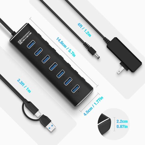 موزع USB مدعوم، Rosonway 7 منافذ USB 3.1/3.2 Gen 2 Hub 10 جيجابت في الثانية مع كابل بيانات USB-A/USB-C بطول 3.3 قدم، ومفاتيح فردية ومحول طاقة 24 وات، محور USB C من الألومنيوم لأجهزة الكمبيوتر المحمول والكمبيوتر الشخصي، RSH-A107 in Kuwait