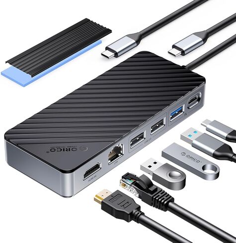 ORICO 8-in-1 USB C Docking Station with M.2 SSD Enclosure, USB-C Hub Fits M.2 NVMe/SATA SSD, 10Gbps, 4K@60Hz HDMI, 100W PD, Ethernet in Kuwait