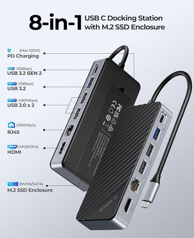 ORICO 8-in-1 USB C Docking Station with M.2 SSD Enclosure, USB-C Hub Fits M.2 NVMe/SATA SSD, 10Gbps, 4K@60Hz HDMI, 100W PD, Ethernet in Kuwait