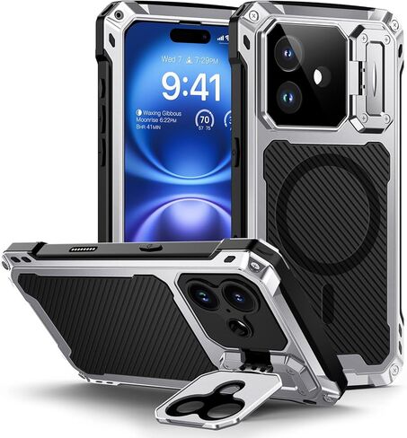 حافظة Lanhiem لهاتف iPhone 16 Pro Max معدنية مع غطاء وحامل للكاميرا [متوافقة مع MagSafe] [مسند مدمج] [حماية من الدرجة العسكرية] حافظة هاتف مغناطيسية متينة شديدة التحمل، أسود in Kuwait