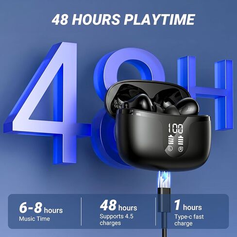 Wireless Earbuds, Bluetooth 5.4 ear buds with 4 ENC Noise Cancelling Mics, Bluetooth Earbuds with 48H Playtime, IPX7 Waterproof Workout earbuds, Black headphones HiFi Sound LED Display for iOS Android in Kuwait