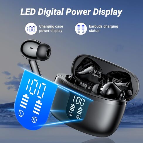 Wireless Earbuds, Bluetooth 5.4 ear buds with 4 ENC Noise Cancelling Mics, Bluetooth Earbuds with 48H Playtime, IPX7 Waterproof Workout earbuds, Black headphones HiFi Sound LED Display for iOS Android in Kuwait