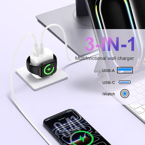 20 وات لوحدة شحن iPhone مع شاحن ساعة مدمج، 3 في 1 iWatch Series 11 10 9 8 7 6 5 مكعب شحن لاسلكي PD+ QC قابس جداري للشحن السريع لهاتف iPhone 17 Air 16 15 14 13 12 11 in Kuwait