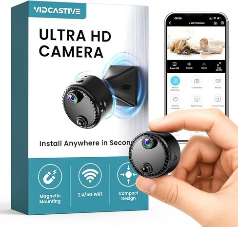 VIDCASTIVE 4K Mini Hidden Camera 2.4G/5G WiFi Wireless Indoor Security Camera for Home/Pet/Travel, AI Human Detection, Night Vision, Long Battery Life, SD & Cloud Storage in Kuwait